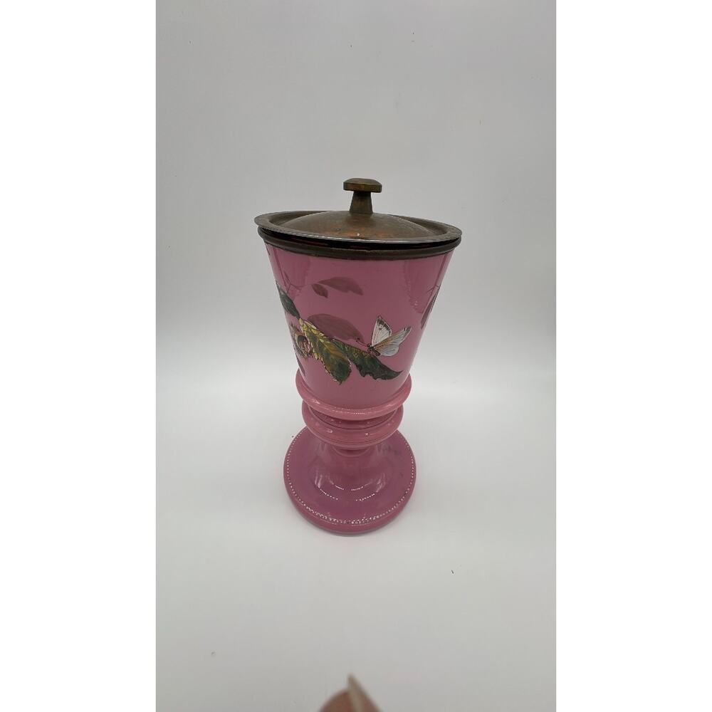Vase Urn Antique Bristol Pink Hand Painted Porcelain Bronze-Like Metal Lid 12"H